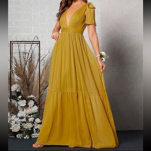 SHEIN Belle Plunging Neck Tie Shoulder Ruffle Hem Chiffon Dress L(8/10) NWT